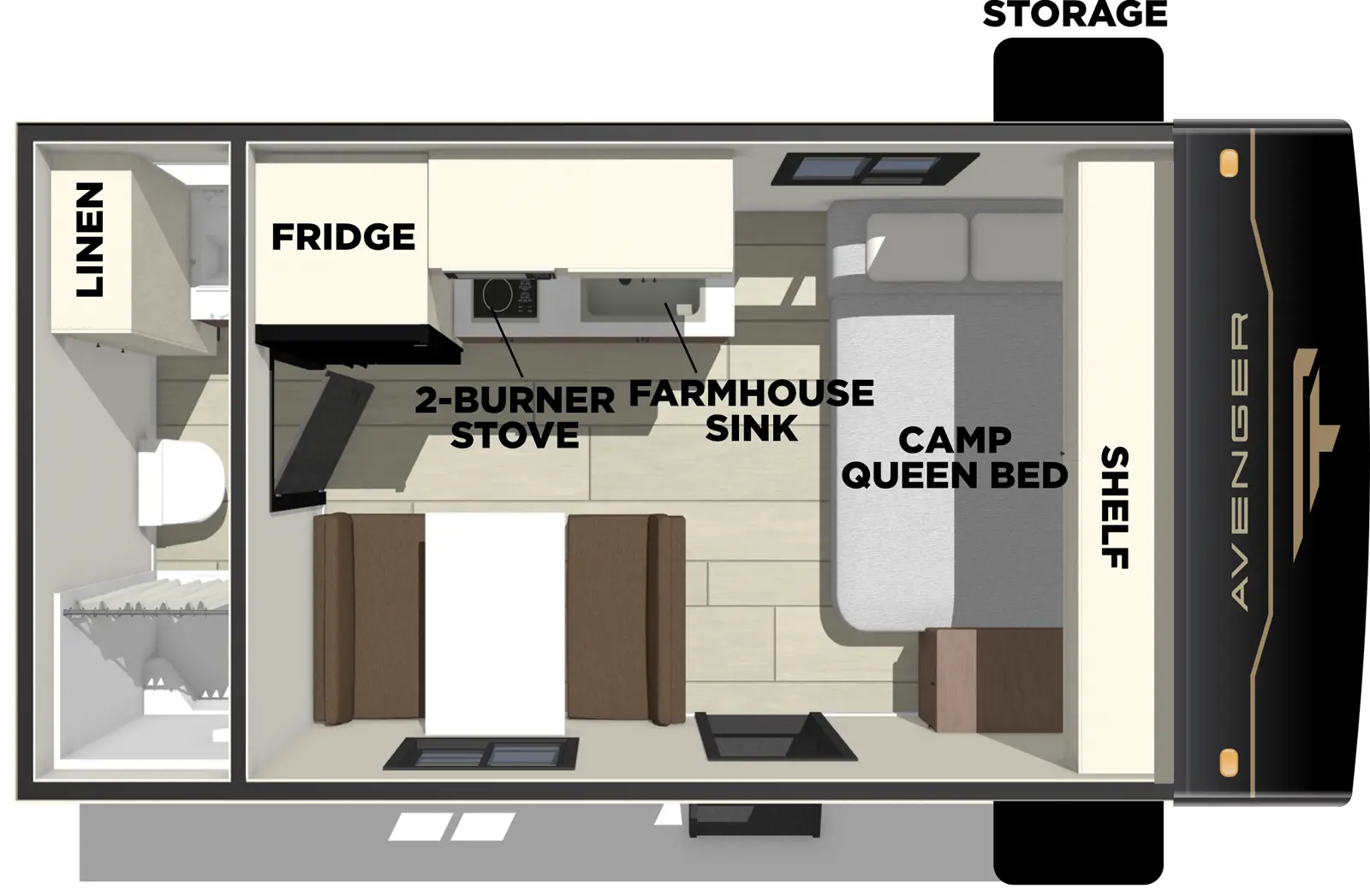The Avenger 16FQ floorplan has one entry and zero slide outs. Exterior features include: metal exterior and 10' awning. Interiors features include: front bedroom and rear bathroom.